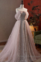 Noble And Charming Dark Pink Beaded Sequins Off The Shoulder Short Sleeved Ball Dress, Dark Pink A-Shaped Princess Backless Strap And Ground Length Evening Dress